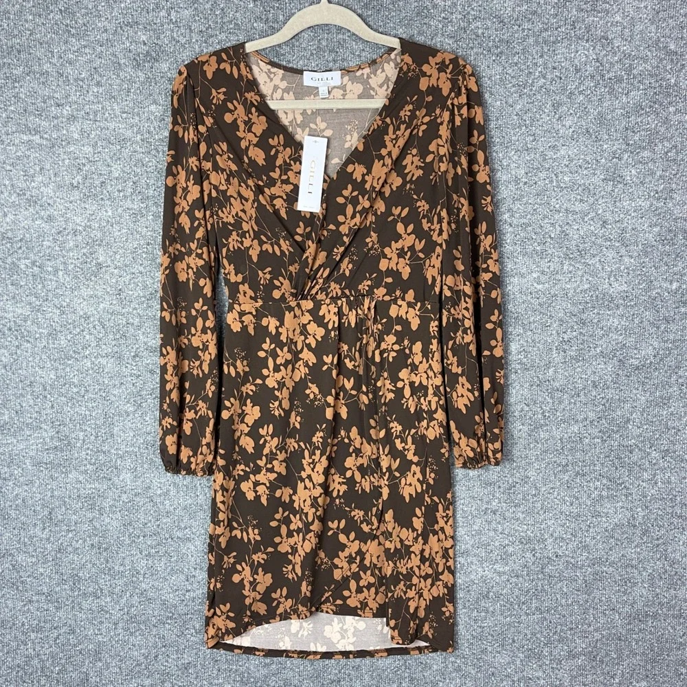New Gilli Floral Mini Dress Womens Small Brown NWT Long Sleeve V-Neck Faux Wrap